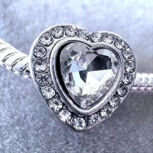 Sparkling Heart Halo Charm Bead fits PANDORA Silver Tone
